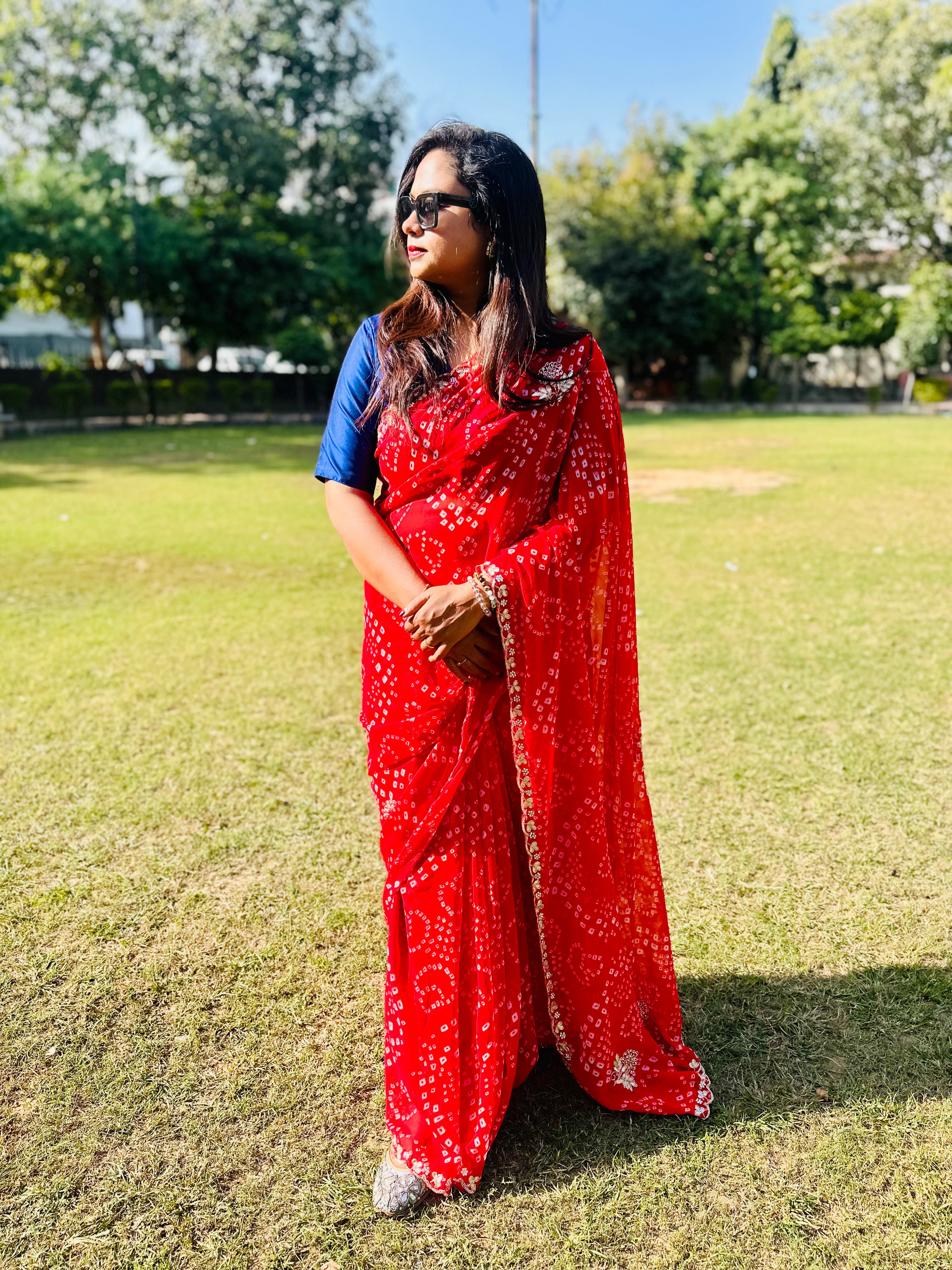 Chiffon HandMade Pitta Aari Work Bandhani saree