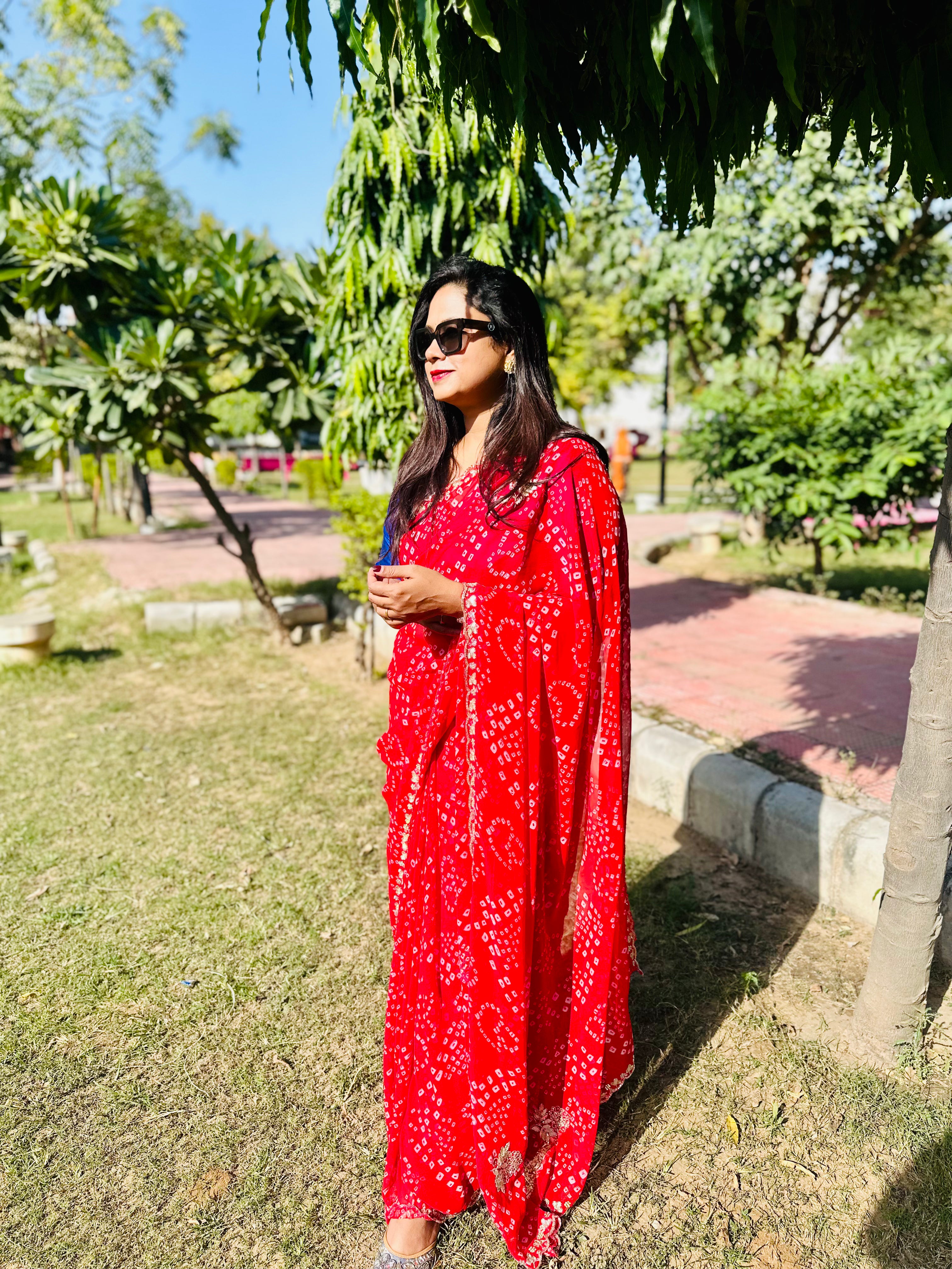 Chiffon HandMade Pitta Aari Work Bandhani saree