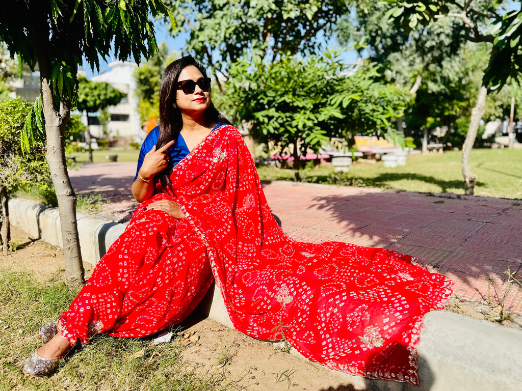 Chiffon HandMade Pitta Aari Work Bandhani saree