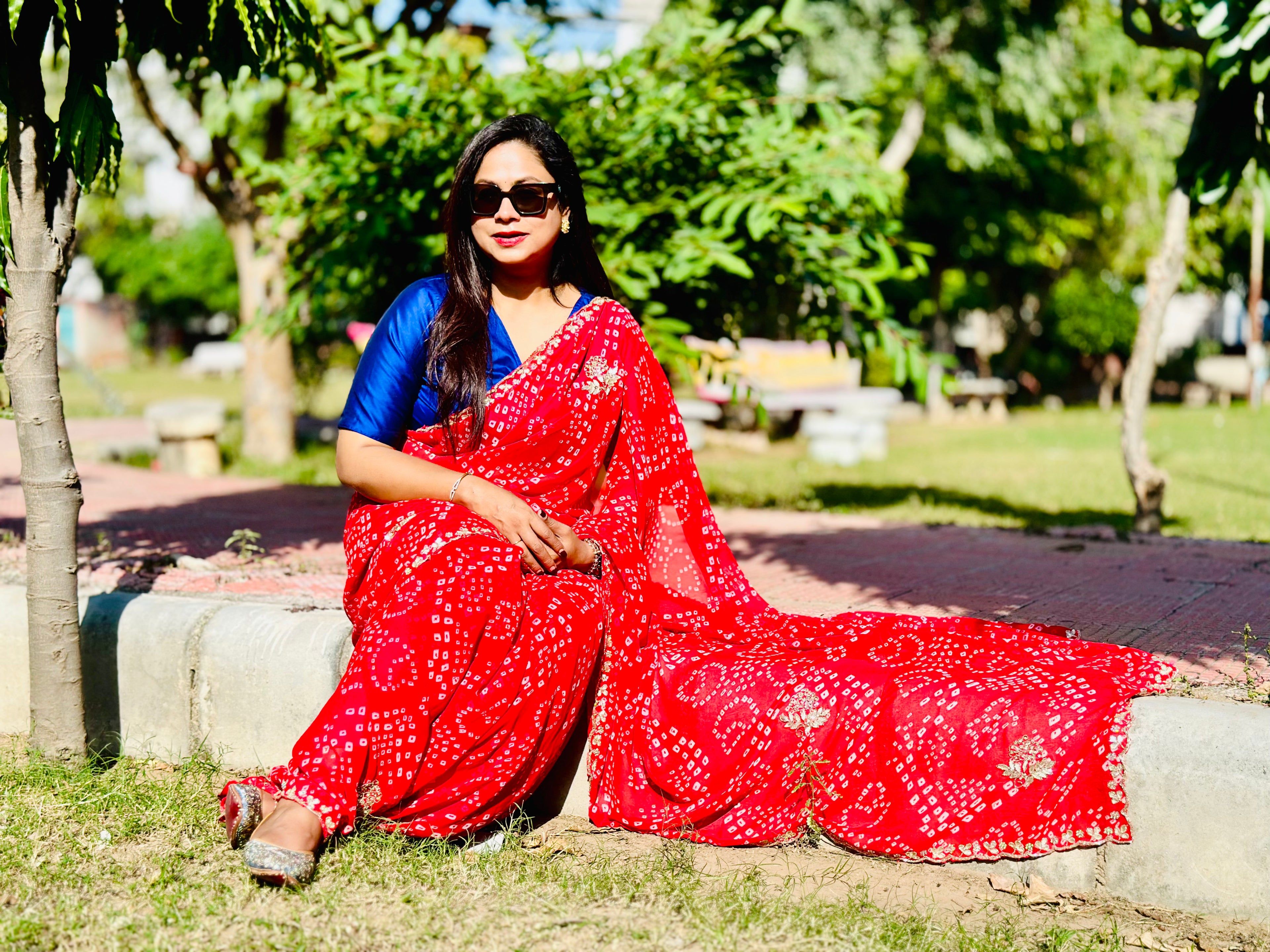 Chiffon HandMade Pitta Aari Work Bandhani saree