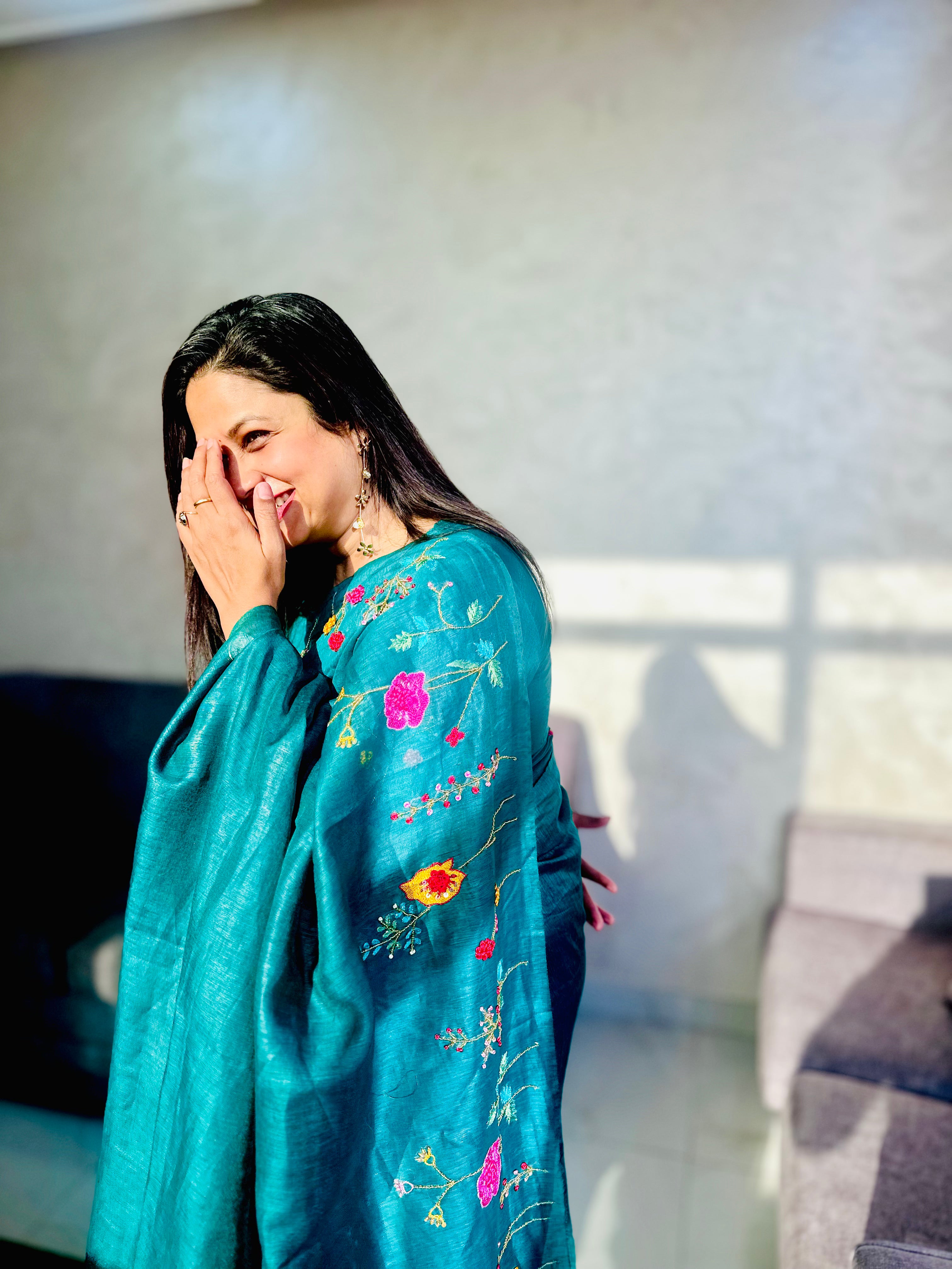 Hand-embroidered Linen Saree