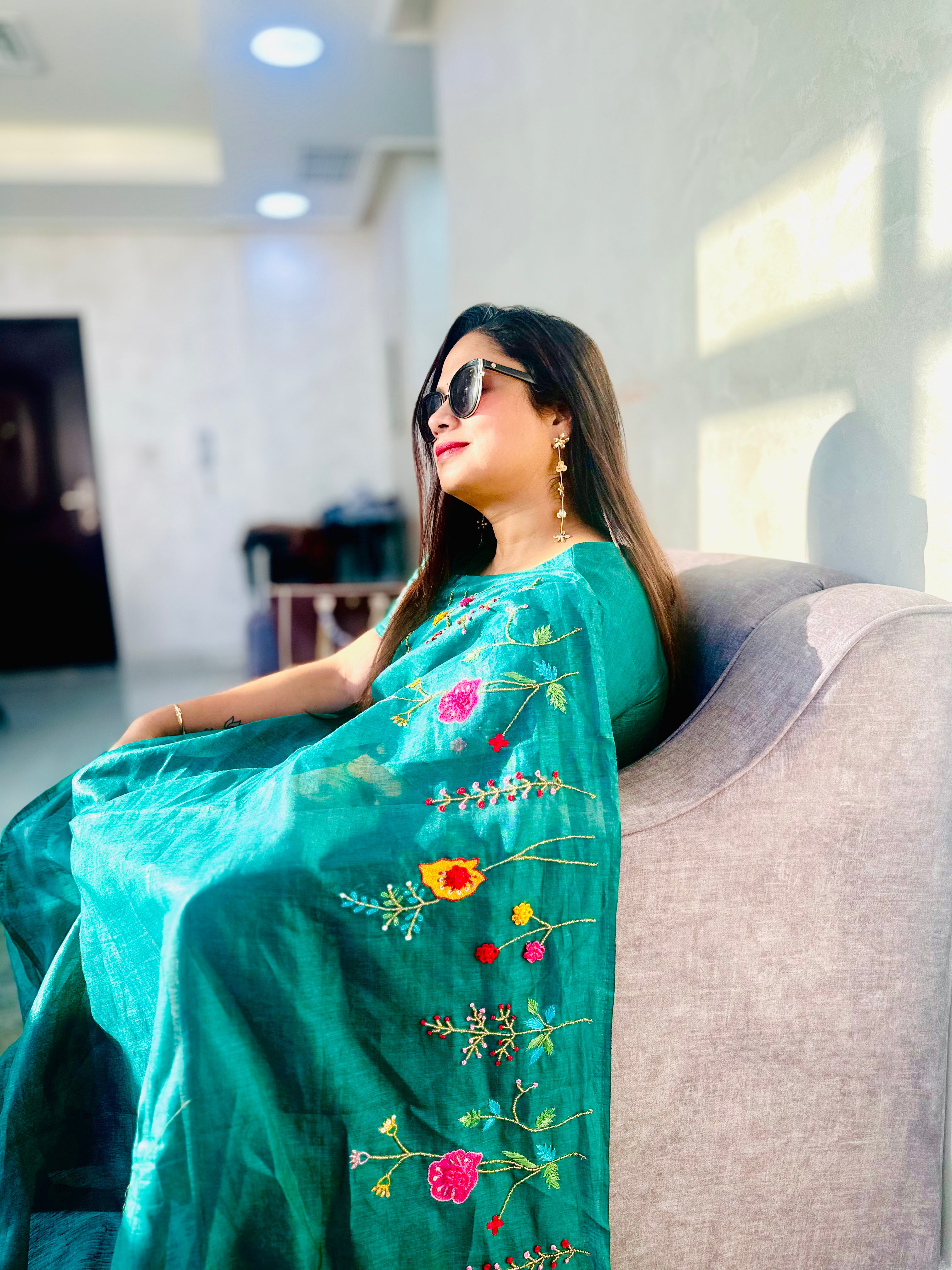 Hand-embroidered Linen Saree