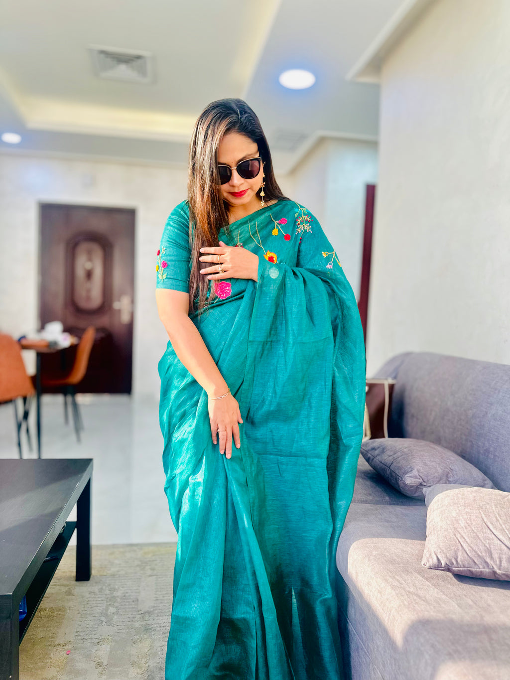 Hand-embroidered Linen Saree