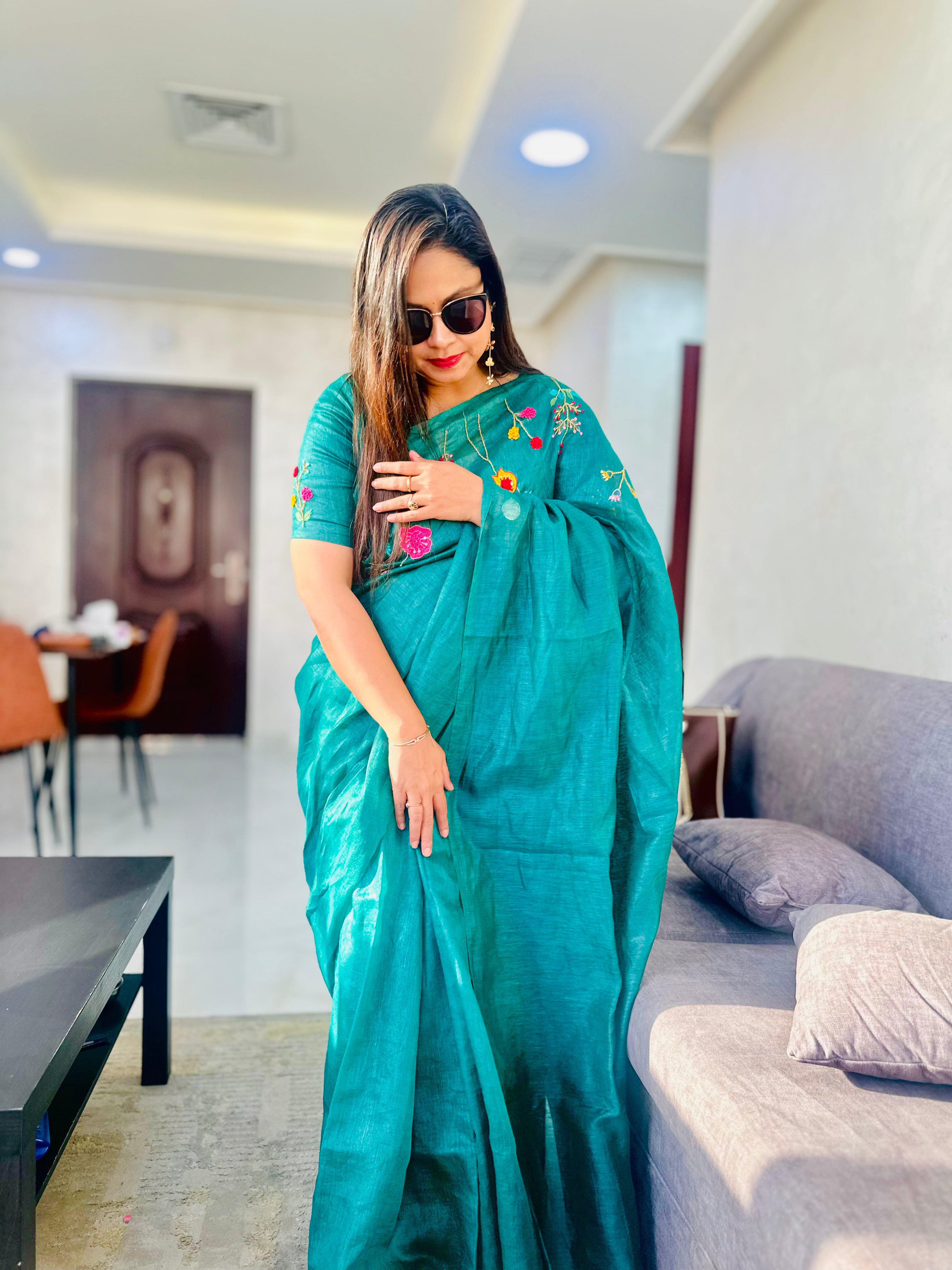 Hand-embroidered Linen Saree