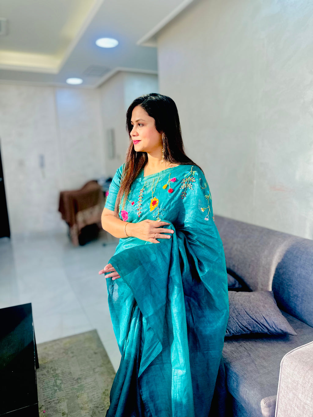 Hand-embroidered Linen Saree