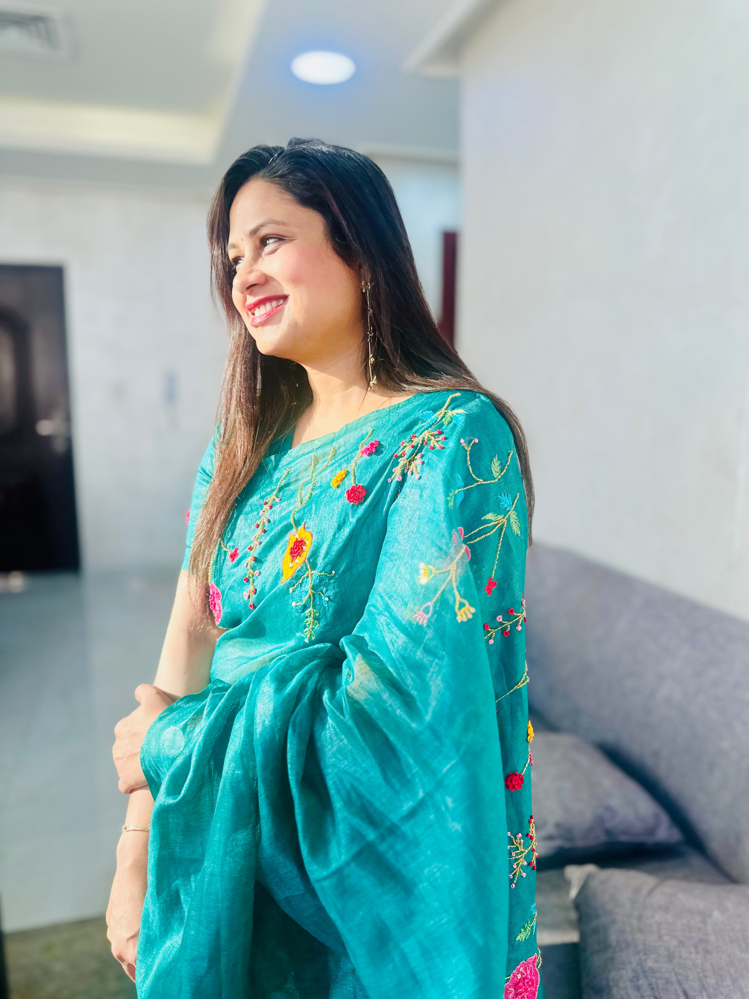 Hand-embroidered Linen Saree