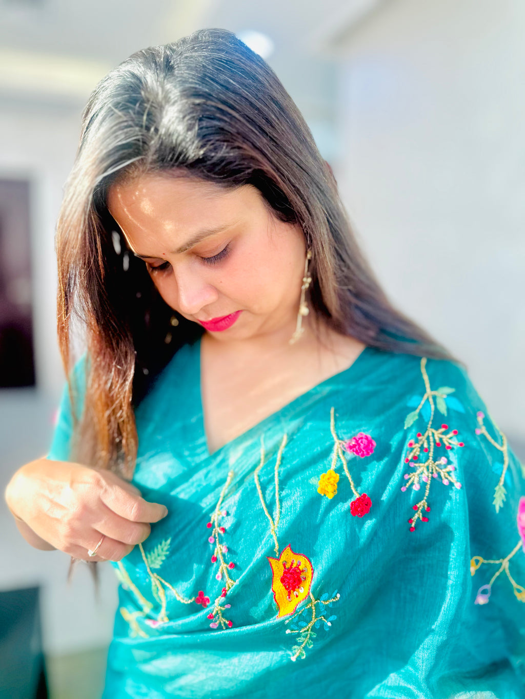 Hand-embroidered Linen Saree