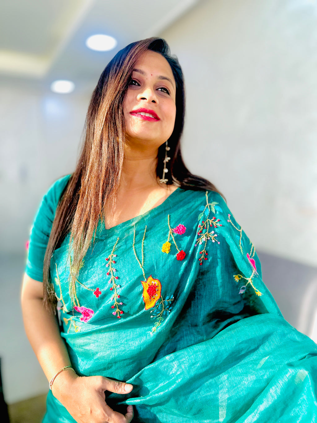 Hand-embroidered Linen Saree