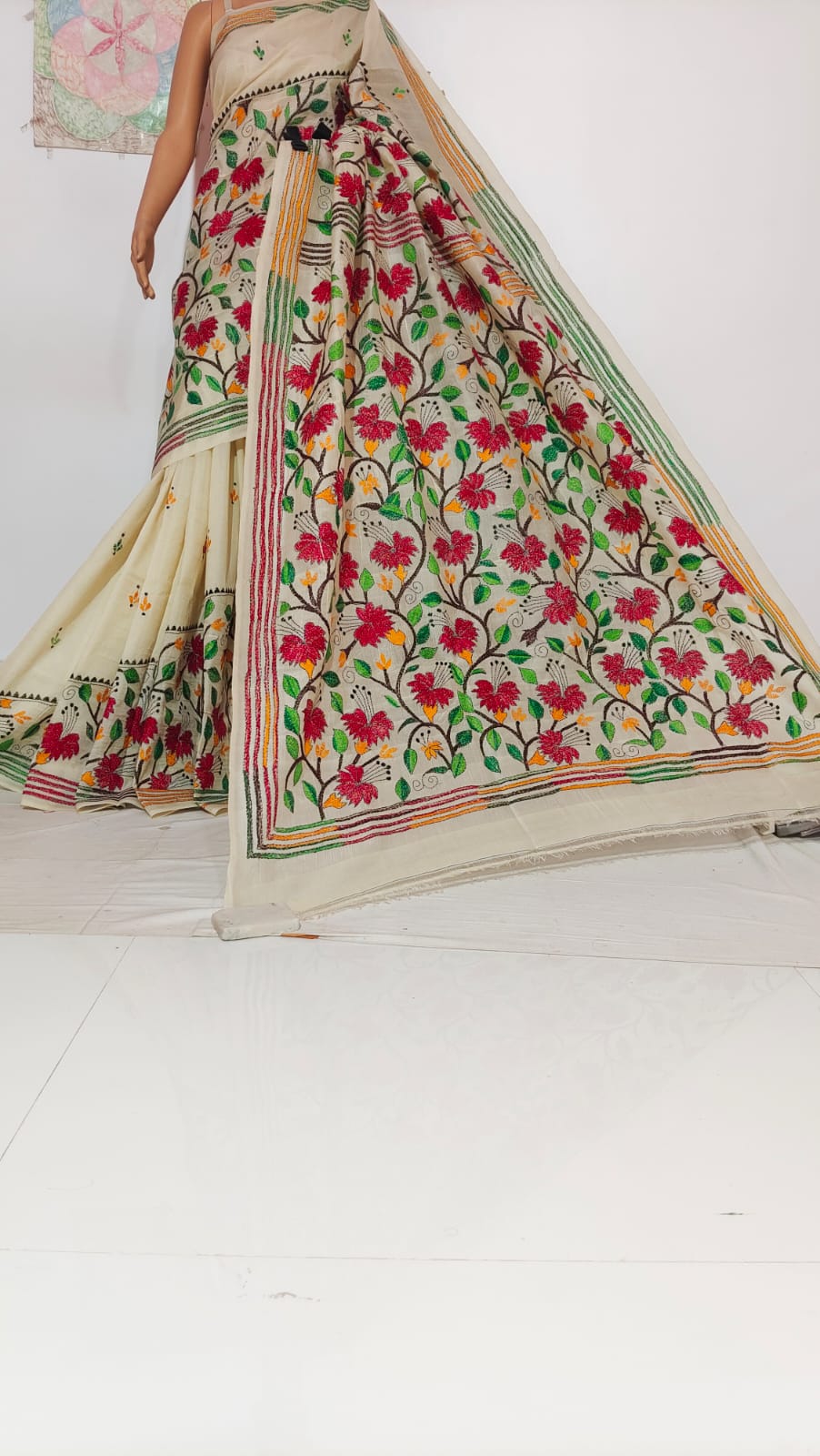 Pure Tussar Kantha Stiched Saree